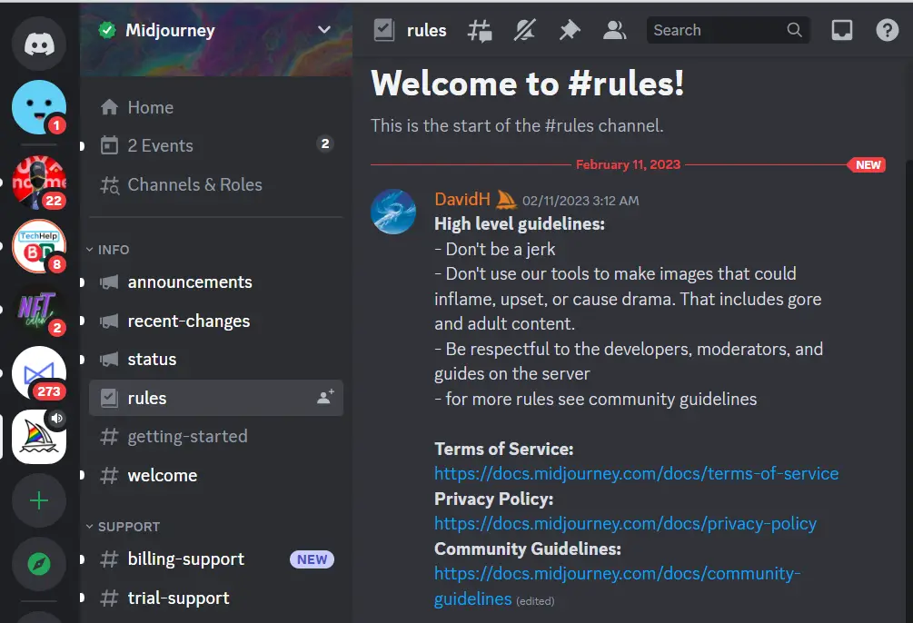 Midjourney rules channel on discord